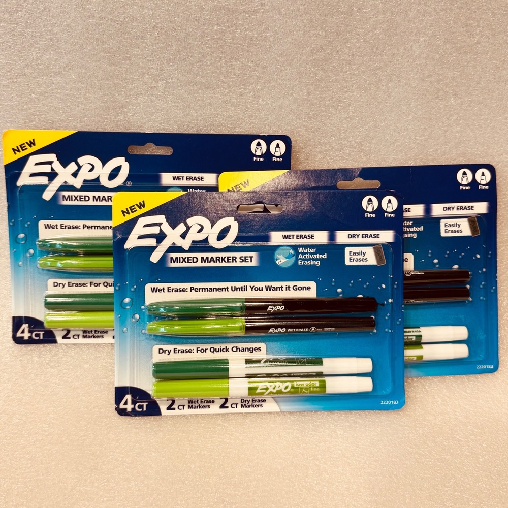 Expo Mixed Marker Set 4ct Wet Erase & Dry Erase Fine Tip Green 3 Packs 2220183